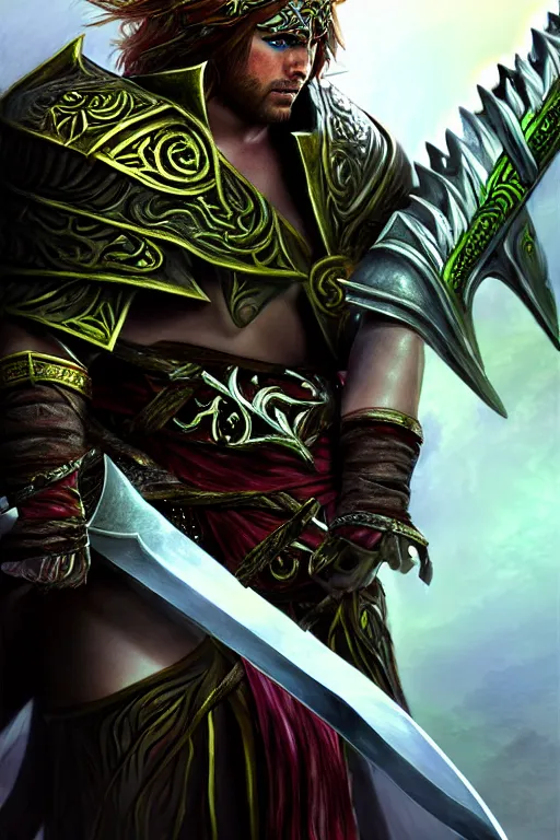 Prompt: norn wielding a greatsword of Guild Wars 2, concept art, close-up, digital art, hyper-realistic, highly detailed