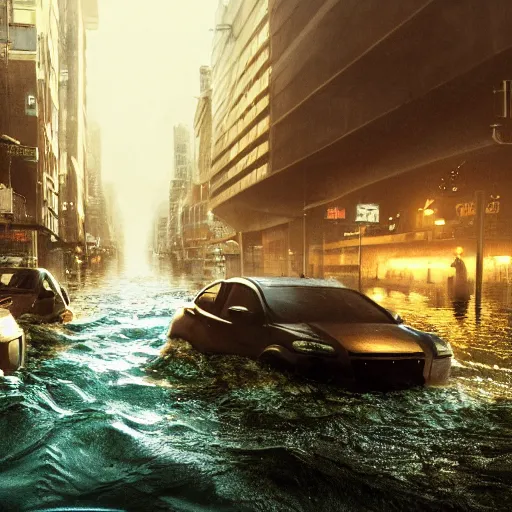 Image similar to A city street under water, below the surface, flood, atlantis, horror, liminal, hyper detailed, dramatic lighting, CGsociety, realistic, fish, hyper detailed, insane details, intricate, dramatic lighting, hypermaximalist, golden ratio, rule of thirds, octane render, weta digital, micro details, ultra wide angle, Artstation trending, 8k,