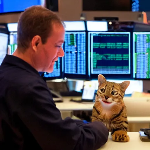 Image similar to photo of anthropomorphic cat trading stocks