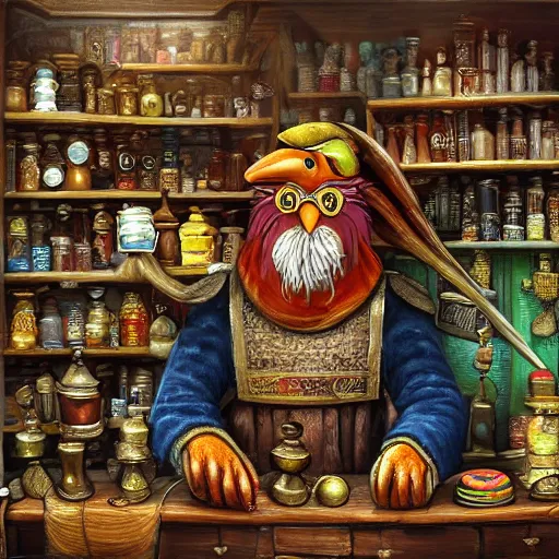 Prompt: Oil painting of Anthropomorphized parrot trader in his shop, shelves full, selling a gem, portrait, items, magic potions, carpet, window, fancy funny hat, sly expression , cunning expression, cute expression, presenting magic gem, D&D, fantasy, cinematic lighting, highly detailed, digital painting, artstation, concept art, smooth, sharp focus, illustration, warm light, cozy warm tint, magic the gathering artwork, volumetric lighting, 8k, no gold, no gold colours, art by Akihiko Yoshida and Greg Rutkowski