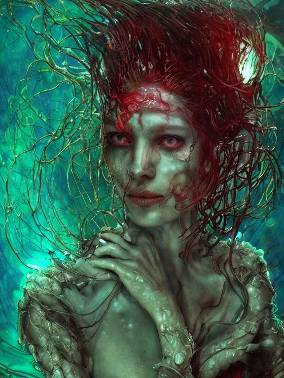 Image similar to ( underwater ) middle length portrait of a living goo on a ( cyborg leshy girl with glowing veins ), cinematic light, looking to the side off camera, backlight glow, green bright red, mist, by mikhail vrubel, by philippe druillet, by peter elson, by gerald brom, muted colors, extreme detail, trending on artstation, 8 k