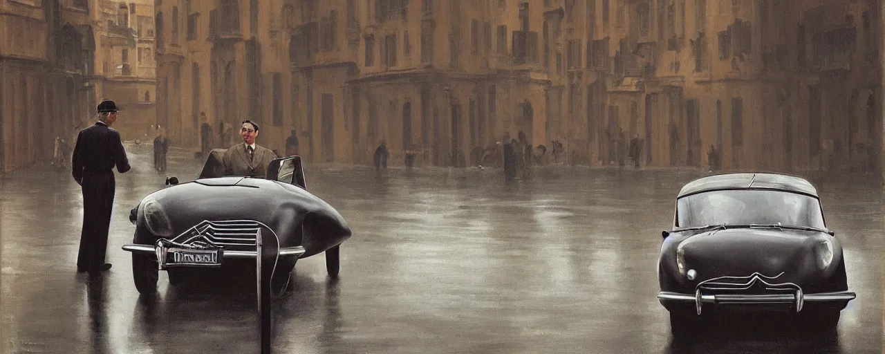 Image similar to A Detective at a black 1955 Citroen DS 19 with the headlights on, parked on the side of the road in the city of Rome while it is raining, by George Tooker, moody, sinister, lighting, hyperrealistic