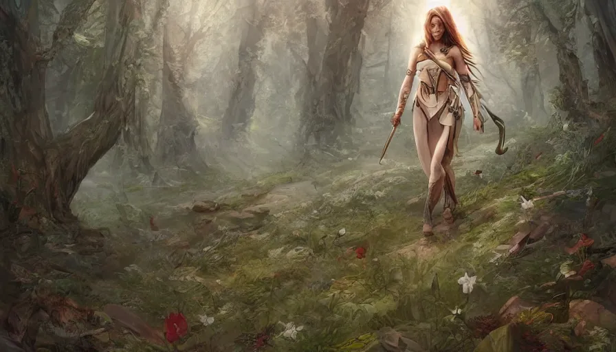 Prompt: A beautiful detailed painting of a female angel warrior on a magical forest path by marc simonteei and Kalin Popov , Trending on artstation HD.