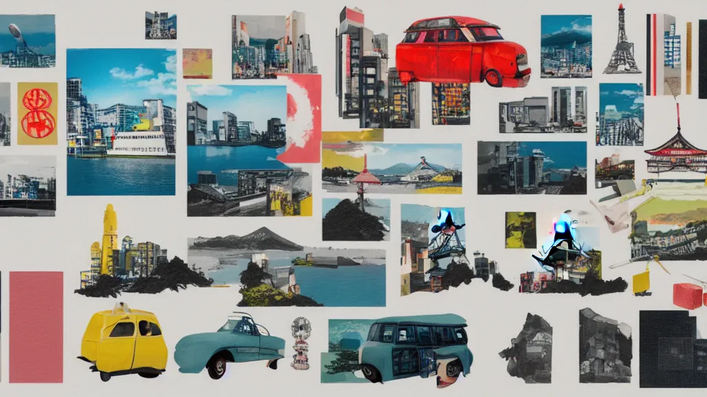 Image similar to an arrangement of sightseeing traveller props, japan, a collage painting, in the style of wes anderson, lola dupre, david hockney, isolated on negative white space background dark monochrome neon spraypaint accents volumetric octane render