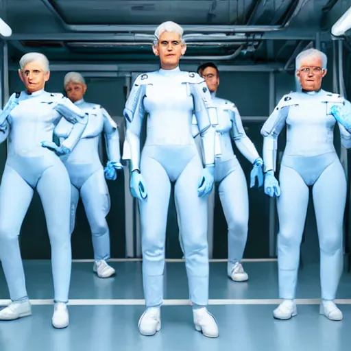 Image similar to troop of identical athletic humans with white hair wearing tight light blue latex suits, in formation, futuristic chemistry lab, sci - fi, highly detailed, hyperrealistic