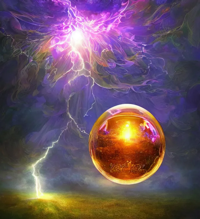 Prompt: a magical and exquisite fantasy illustration of an intricate and faceted crystal ball with a world inside of it + dissolving in to light + prism + god rays + dramatic lightning + backlit + specular highlights + ambient occlusion + global illumination + bump map + reflective + caustics + refractive + unreal engine 5 + DOF + sharp focus + watercolor artwork by Alvaro Castagnet