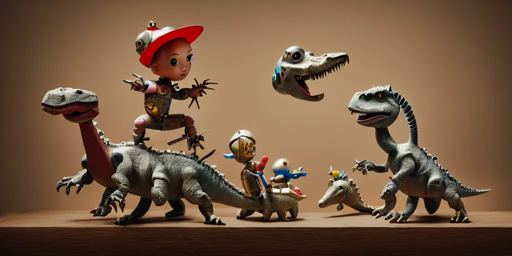 Image similar to closeup portrait of tin toy knights riding dinosaurs fighting on white paper table in an artist workshop, depth of field, zeiss lens, detailed, centered, fashion photoshoot, by nicoletta ceccoli, mark ryden, lostfish, breathtaking, 8 k resolution, extremely detailed, beautiful, establishing shot, artistic, hyperrealistic, octane render