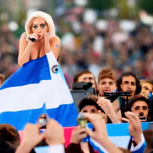 Image similar to Lady Gaga as president, Argentina presidential rally, Argentine flags behind, bokeh, giving a speech, detailed face, Argentina