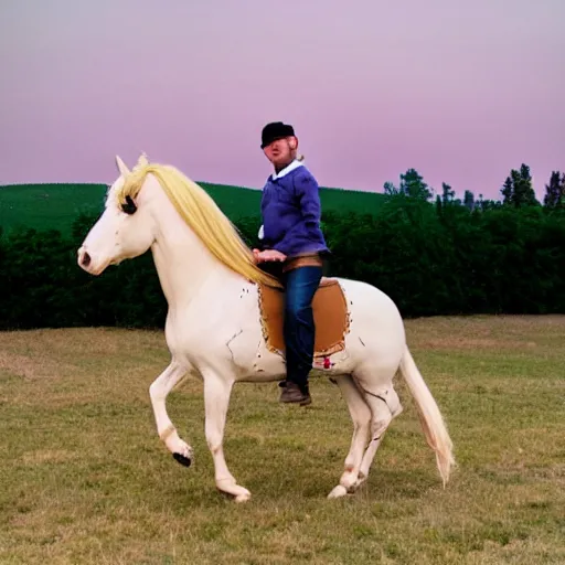 Prompt: matty matheson blonde hair riding a horse over the moon, photograph