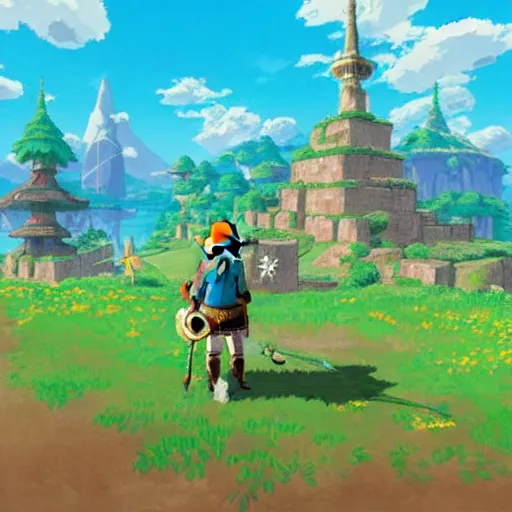 Image similar to studio ghibli themed breath of the wild Hyrule castle, scenic