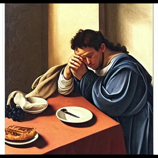 Image similar to sleepy dude, eating breakfast, and scrolling twitter on his phone. In style of Caravaggio