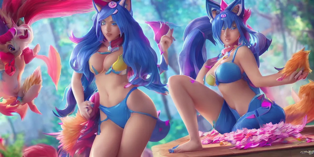 Image similar to Character sheet of gorgeous pool party ahri (League of Legends). 3d octane render trending on artstation