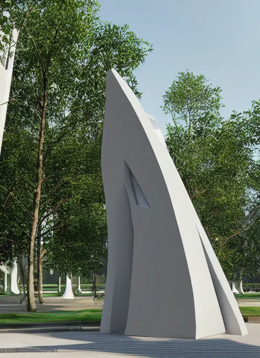 Image similar to highly detailed realistic architecture 3 d render of a futuristic stele monument in zaha hadid style standing in city park, archdaily, made in unreal engine 4 octane render