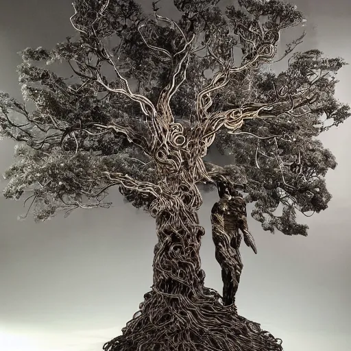 Image similar to a human man statue encased by a cosmic tree, a sense of awe, amazement, monogon, plasma display, wooden, silver, mercury, damascus, armature wire, multiscopy, morph, in a symbolic and meaningful style, insanely detailed and intricate, hypermaximalist, elegant, ornate, hyper realistic, super detailed,