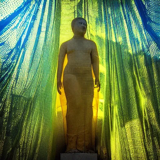 Image similar to “giant ancient statue wrapped in translucent yellow mesh tarps in a dense jungle”