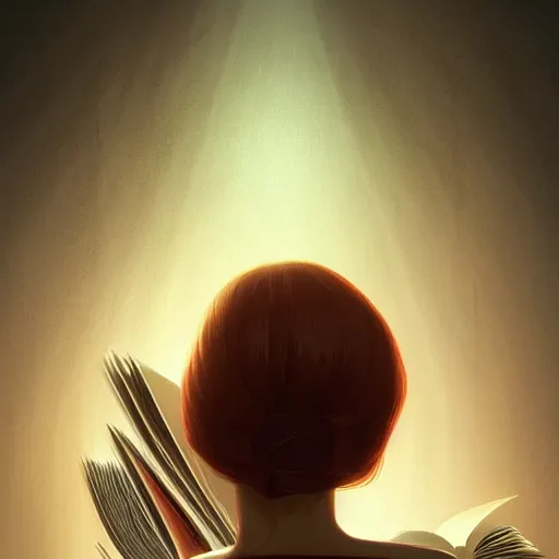 Prompt: detailed depiction of a woman reading a book, evokes a sense of wonder, dramatic lighting, digital art, critical detail, sharp focus, a simple textured vector based illustration, cinematic, contrasting colors, atmospheric dreamscape painting, wlop by ( artstation jeremiah ketner and leonardo da vinci and greg rutkowski )