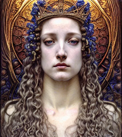 Image similar to detailed realistic beautiful young medieval queen of jupiter face portrait by jean delville, gustave dore and marco mazzoni, art nouveau, symbolist, visionary, gothic, pre - raphaelite. horizontal symmetry by zdzisław beksinski, iris van herpen, raymond swanland and alphonse mucha. highly detailed, hyper - real, beautiful