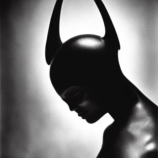 Image similar to a close - up, black & white studio photographic portrait of an alien, dramatic backlighting, 1 9 7 3 photo from life magazine
