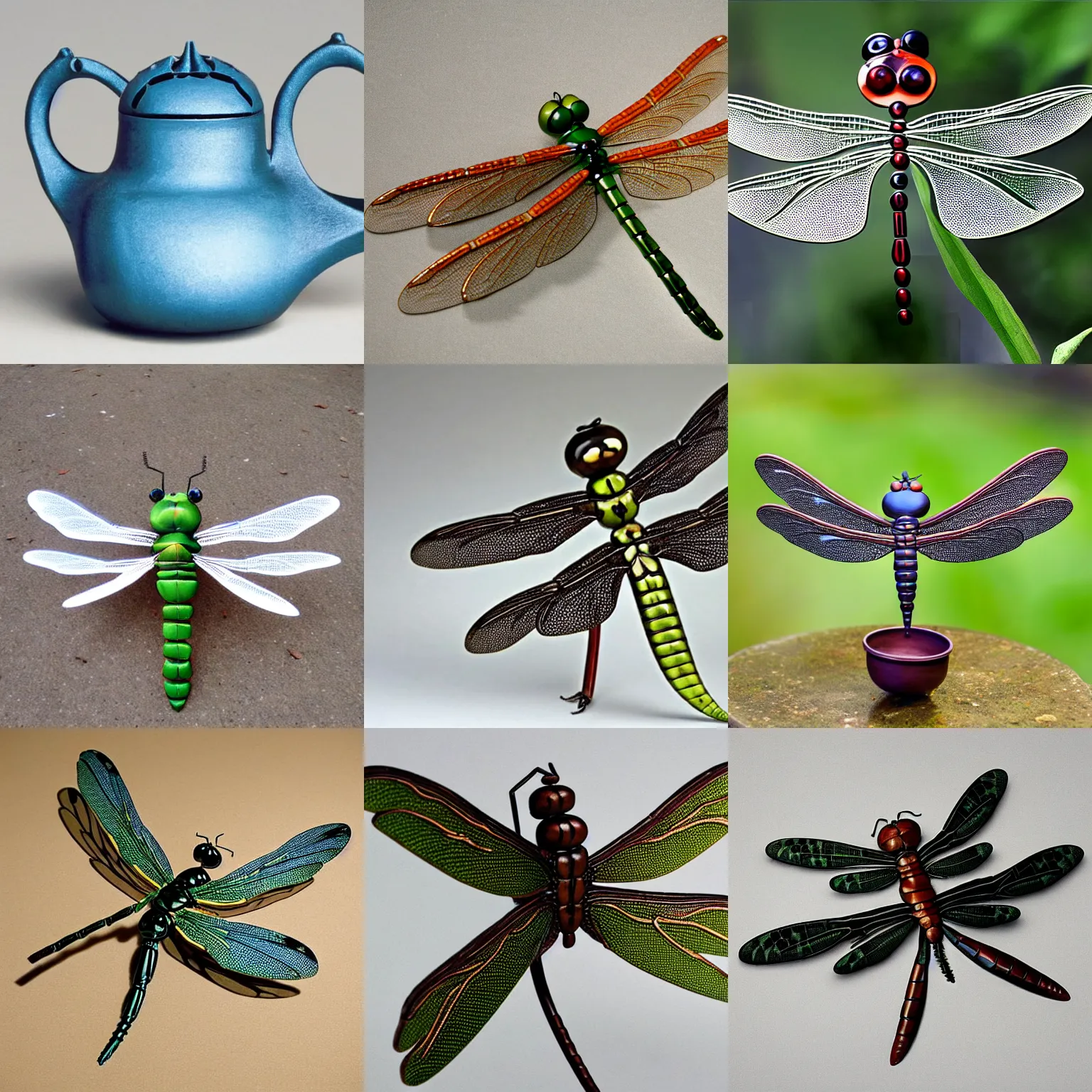 Prompt: Dragonfly-shaped, dragonfly-like, a bespoke dragonfly-formed dragonfly-teakettle in the shape of a dragonfly, that looks like a dragonfly, that has the form of a dragonfly, dragonfly-shaped