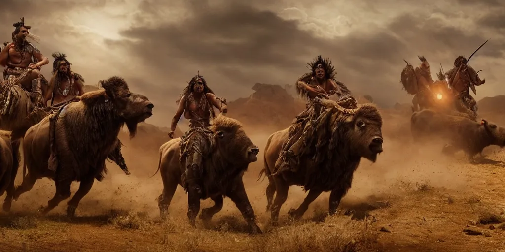 Image similar to indian tribe on wood ATV attacking bisons, action scene, an epic western, dramatic lighting, cinematic, establishing shot, extremely high detail, photorealistic, cinematic lighting, artstation, octane render, old photo, buffalo hunt movie, alpha movie, western, ultra sharp, clean symmetrical faces, high detail, intricate,hypermaximalist,hyper realism