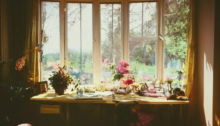 Image similar to 1 9 9 0 s candid 3 5 mm photo of a beautiful day in the a dreamy flowery cottage, cinematic lighting, cinematic look, golden hour, a desk for flower arrangements has sun shinning on it through a window, uhd