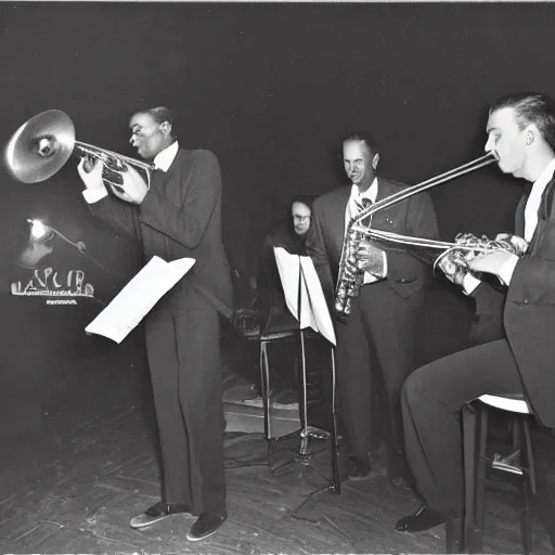 Image similar to jazz musicians playing in a dimly lit club, vintage photography, intricate details, 8k, black and white, 1930s, golden age