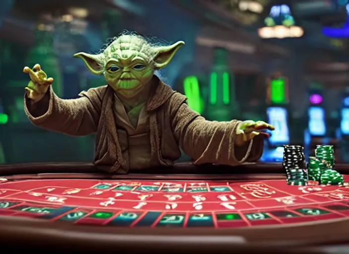 Image similar to film still of yoda gambling in Vegas in the new Star Wars movie, 4k