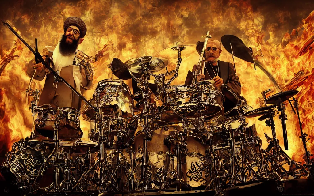 Prompt: khamenei playing drums in heavy metal band in hell, corded hanged bodies in horizon, skulls on the ground, guns, high definition, trending on artstation, unreal engine, photorealistic, high resolution,, trending on deviantart, hdr, hyper detailed, insane details, intricate, elite, ornate, elegant, luxury, dramatic lighting