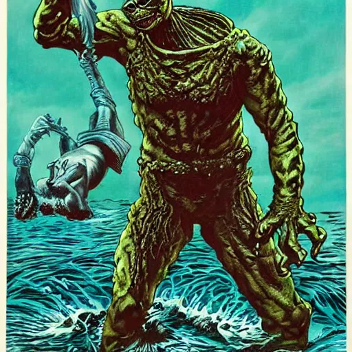 Prompt: album cover, creature from the black lagoon, by Joe Jusko