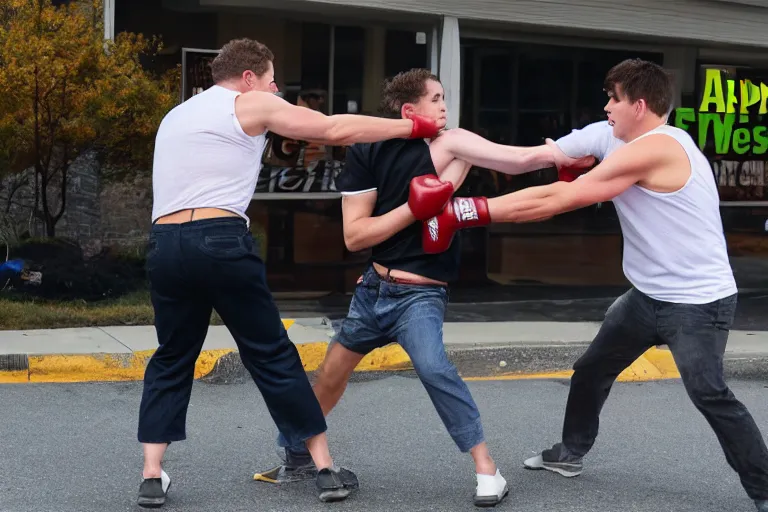 Prompt: two men fighting outside of an Applebee's