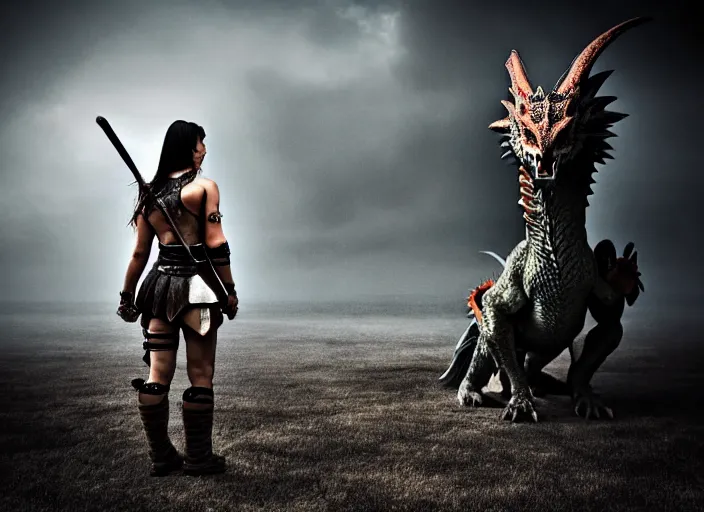 Image similar to scared female warrior who came only to look at the real dragon, symmetrical, cinematic, real photography