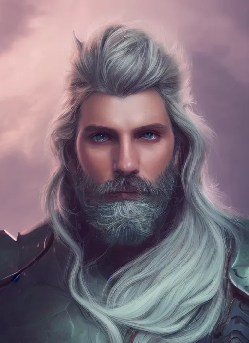 Image similar to an epic fantastic realism style portrait painting of an aasimar paladin, male, silver hair, short brown beard, d & d concept art, unreal 5, daz, teal aesthetic, octane render, centered in frame, cosplay, rpg portrait, dynamic lighting