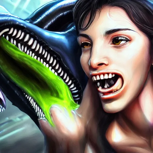 Prompt: sona movsesian being licked menacingly by an xenomorph, highly detailed, photorealistic, slime, saliva, artstation, smooth