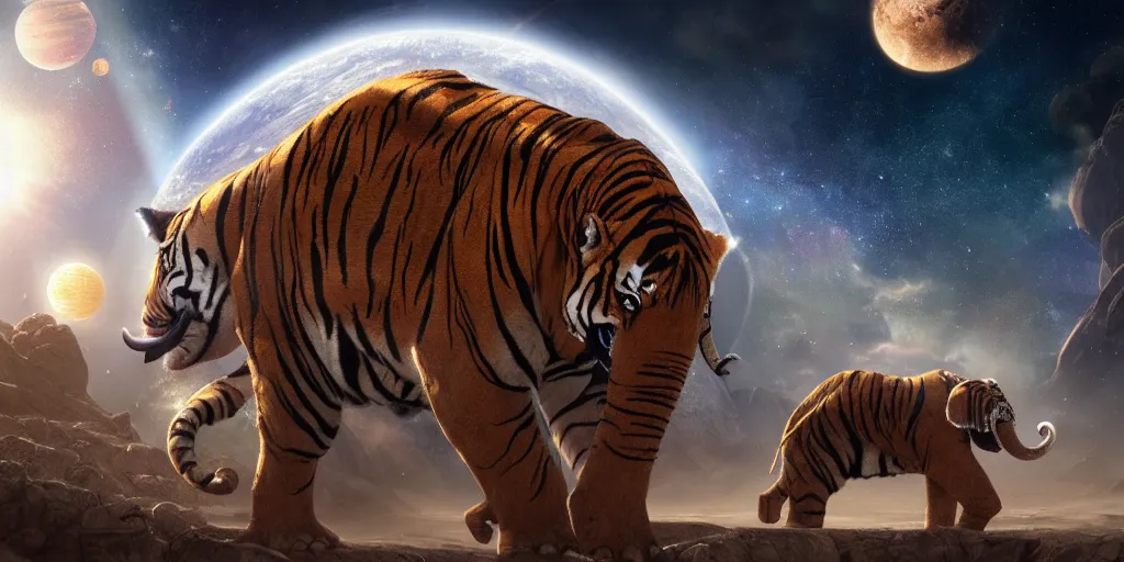 Image similar to planet - sized tiger elephant in space, next to the sun and stars, giant castle, very wide shot, epic composition, hyper detailed, digital art, trending in artstation, cinematic lighting, studio quality, unreal engine 5 rendered, art style by klimt and nixeu and ian sprigger and wlop and krenz cushart