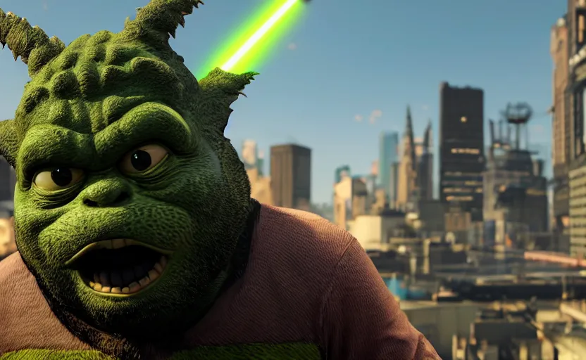 Image similar to gta v godzilla yoda donkey kong pikachu yeti shrek super mario homer groot waluigi darth vader mike wazowski, highly detailed, extremely high quality, hd, 4 k, 8 k, professional photographer, 4 0 mp, lifelike, top - rated, award winning, cinematic, realistic, detailed lighting, detailed shadows, sharp, no blur, edited, corrected, trending