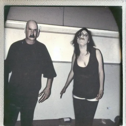 Image similar to a found polaroid photo of trash humpers in the backrooms