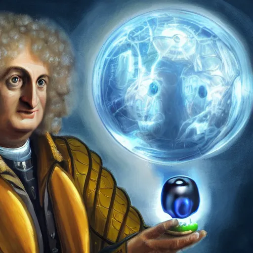 Prompt: An extremely detailed portrait of Isaac Newton in futuristic power armor holding an apple, in the style of Magic the Gathering, 4k, mirror lake, highly detailed, trending on artstation, retro science fiction