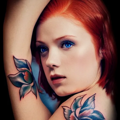 Image similar to tattoo of close up portrait photo of a real beauty redhead, 8k,