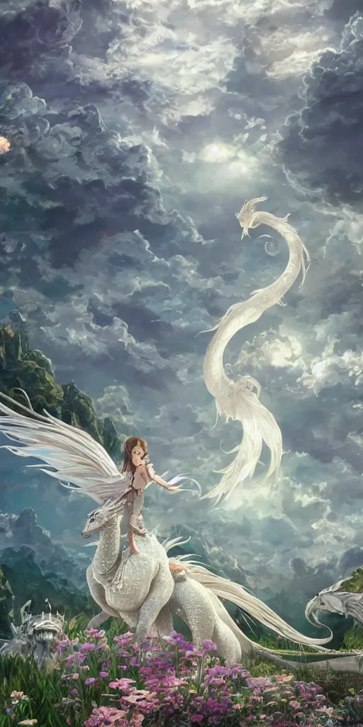 Image similar to the beautiful hyper detailed scene render that a beautiful princess sitting on the back of a huge silver white dragon alone in fairyland surrounded by white clouds, finely detailed angelic face delicate features, style of studio ghibli, makoto shinkai, raphael lacoste, louis comfort tiffany, james jean, ross tran, animation style, hd, ultra wide angle
