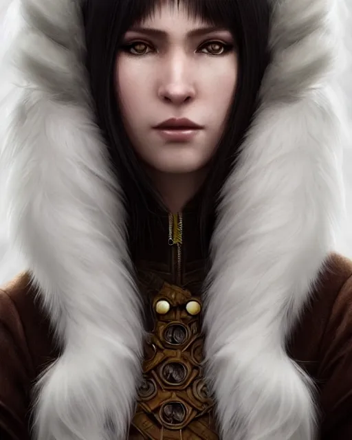 Image similar to dragon hunter wearing a fur - lined dragonhide jacket!!! beautiful and gorgeous elegant white long haired female!! symmetry, character concept art, sharp focus, illustration, art by artgerm!! greg rutkowski magali villeneuve wlop! ilya kuvshinov!!! charlie bowater! octane render, unreal engine 5! highly rendered!!