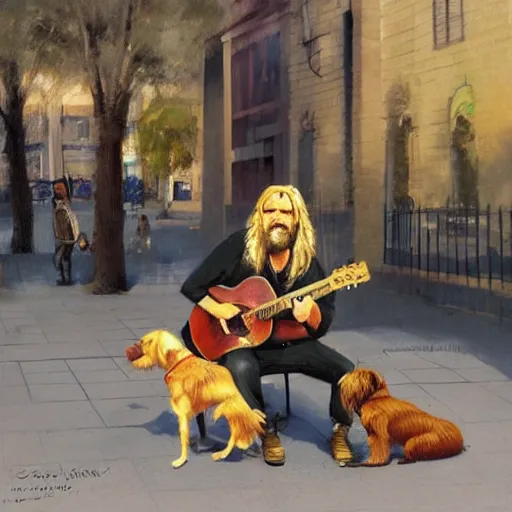 Image similar to oil painting of a young man with long hair blond and a beard hippie style with his golden retrever dog playing guitar in the square for money, people watching around, by greg rutkowski, artstation