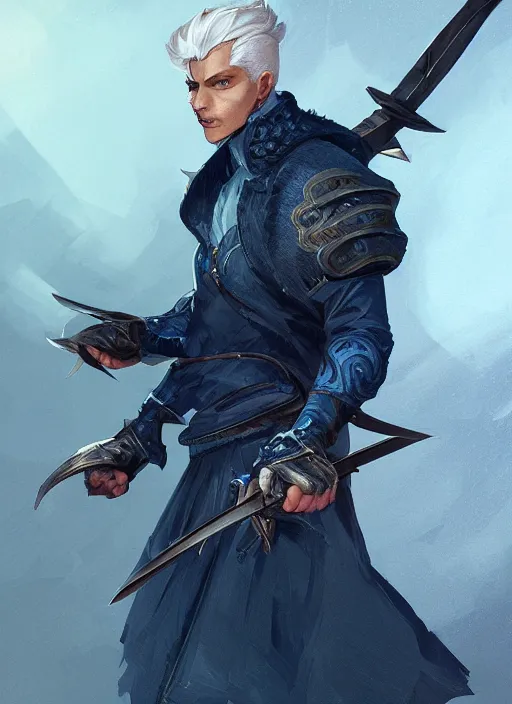 Image similar to a highly detailed illustration of fierce young short slick back white haired man wearing dark blue coat, bright blue eyes, dramatic wielding katana pose, intricate, elegant, highly detailed, centered, digital painting, artstation, concept art, smooth, sharp focus, league of legends concept art, wlop