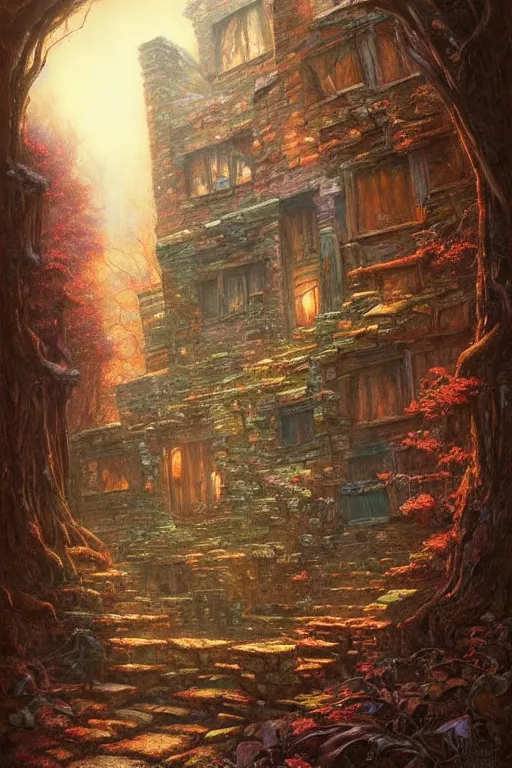 Prompt: (((((a ramshackle manhattan brick brownstone deep in the forest))))) by Justin Gerard!!!!!!!!!!!!!!!!!!!!!!!!!!!