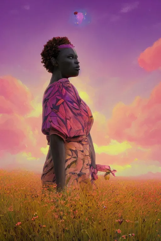 Prompt: closeup, large flower as head, an african woman in heather field, surreal photography, golden hour, colorful clouds, impressionist painting, digital painting, artstation, simon stalenhag