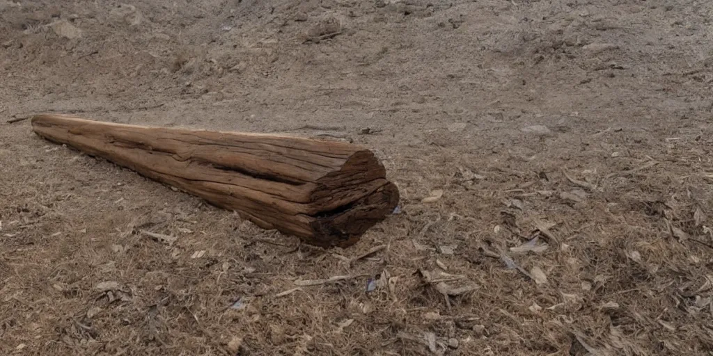 Image similar to ominous log of wood floating in a dusty scenery, dangerous aura, low angle shot