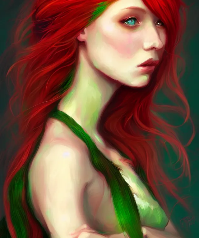 Image similar to Fae teenage girl, portrait, face, long red hair, green highlights, fantasy, intricate, elegant, highly detailed, digital painting, concept art