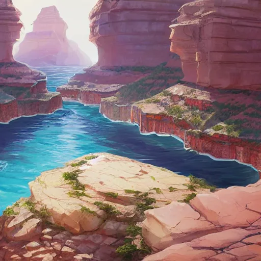Image similar to concept art painting of a grand canyon with ocean inside, filled with water, with unfinished stone bridge under construction, realistic, detailed, cel shaded, in the style of makoto shinkai and greg rutkowski and james gurney