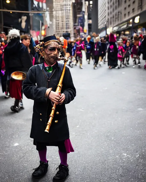 Prompt: mysterious man dressed as the pied piper of hamelin plays his cane pipe, as thousands of children march behind him thru the streets of downtown nyc, cinematic, supernatural, bokeh