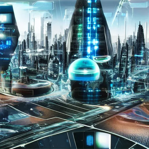 Prompt: a futuristic city is a place where technology has advanced to a point where people have access to everything they need. there are no longer any natural boundaries between humans and machines. people live their lives in virtual reality, and interact with each other via holograms. ultrarealistic 1 5 0 mpx