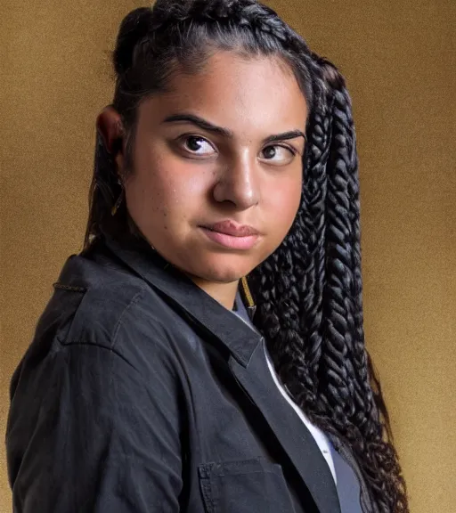 Prompt: a professional portrait of a 1 7 - year - old puerto rican girl with a regal appearance, black eyes, thick hair in a braid going down her back, an intense expression, leader, authoritative, angular features, sharp jawline